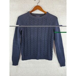 Lands End Drifter NAVY Blue 100% Cotton Cable Front Pullover Sweater Size XS 0-2